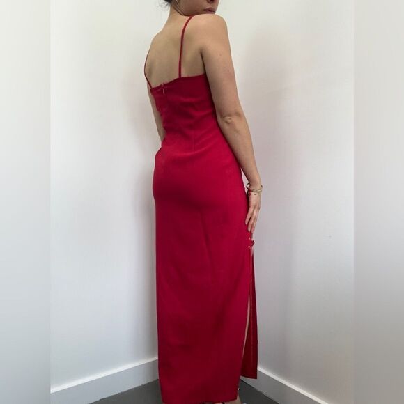 Vintage 90'S Red Spaghetti Strap High Front Leg Slit Lace Up Midi Dress Size S - Picture 3 of 10